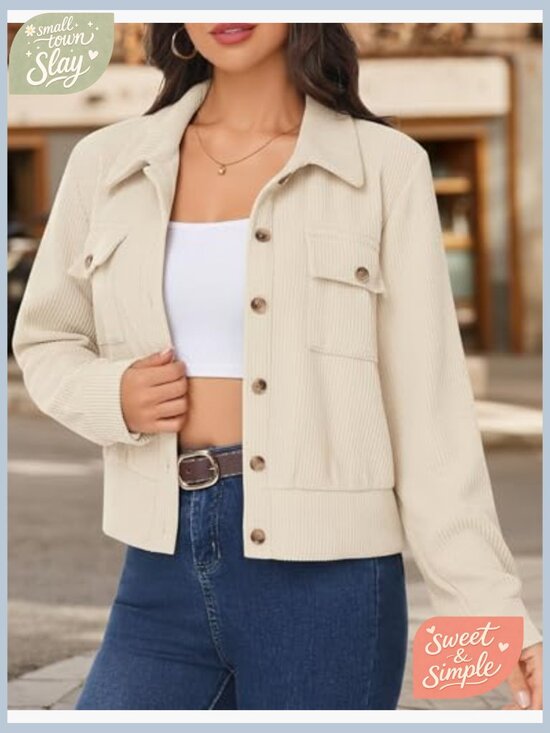 Cropped Corduroy Shacket Button Down Jacket Long Sleeve Casual Fall Winter - Picture 6 of 6